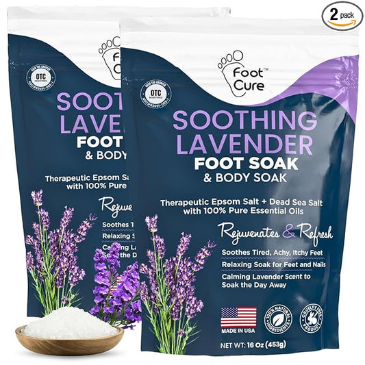 FOOT CURE Soothing Lavender Foot Soak - Pedicure Foot Spa with Epson Salts for Soaking Feet - Foot Massager Spa - Foot Scrubber Dead Skin Remover - Epsom Salt Bath Soak (Pack of 2)