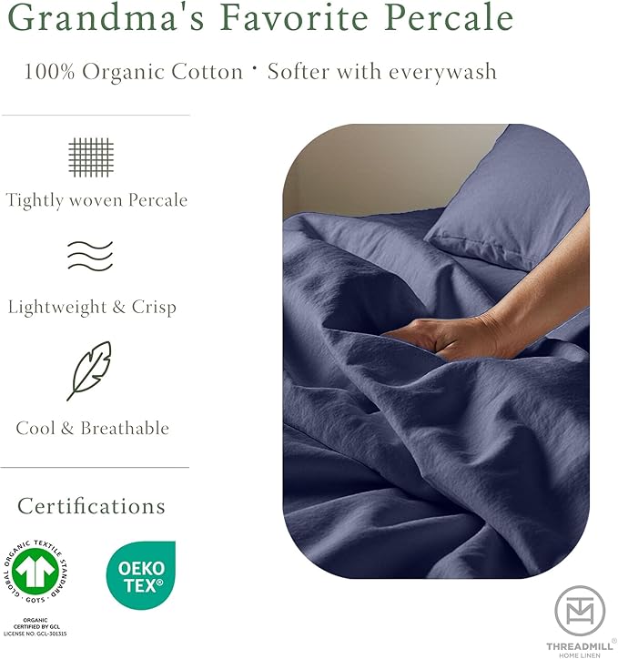 Threadmill Luxury Organic Cotton Sheets - Certified by GOTS - King, 4 Piece, Folkstone Blue - Breathable - Premium Sheet Set - Smooth and Cool Bedding with Perfect Elastic Deep Pocket Fit