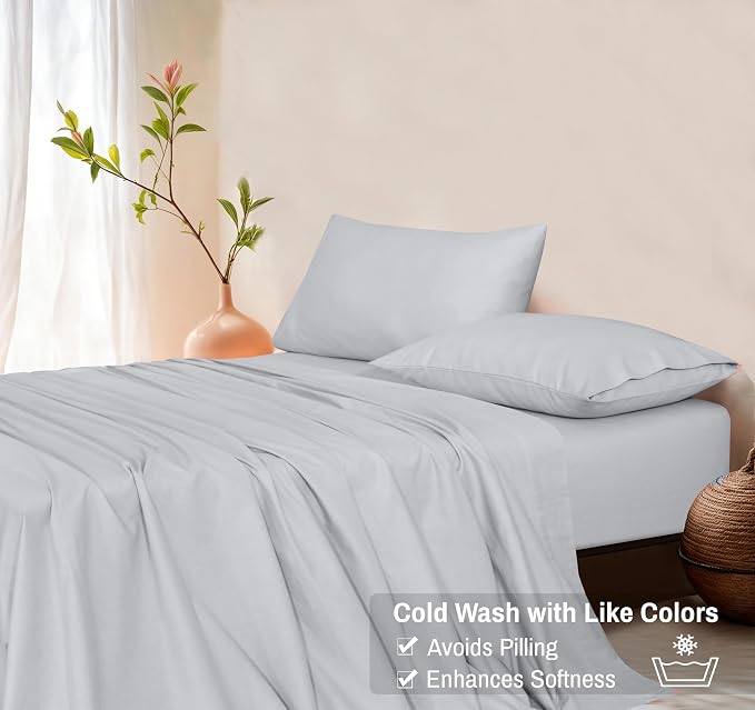 RUVANTI Flannel Sheets Full Size - GOTS Certified 100% Organic Cotton, 4 Piece Warm, Soft & Breathable Set, Deep Pocket Snug Fit, Double Brushed Cozy All Season Bedding, Light Grey
