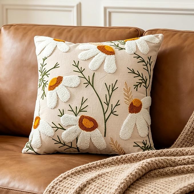 Embroidered Throw Pillow Cover 18x18 Inch,Cotton Canvas Floral Pillow Case, Daisy Wildflower Leaf Boho Farmhouse Decorative Cushion Square for Sofa Bedroom Living Room Outdoor Couch (A006)
