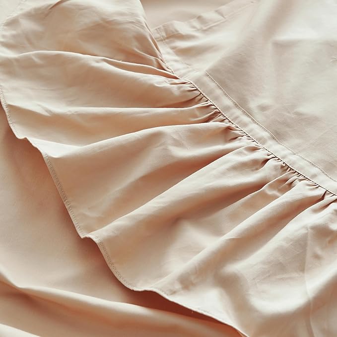 Simple&Opulence 100% Organic Cotton Sheet Set, Long Ruffle Bed Sheets (1 Flat Sheet, 1 Fitted Sheet and 2 Pillowcases) Elegant Shabby Chic Bedding Farmhouse Charming Vintage - Sand, Full