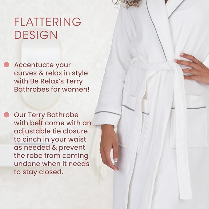 Be Relax Bathrobe for Women - Full Length Terry Cotton Robe with Shawl Collar and Hood, Warm and Cozy Robe with Belt & Pocket