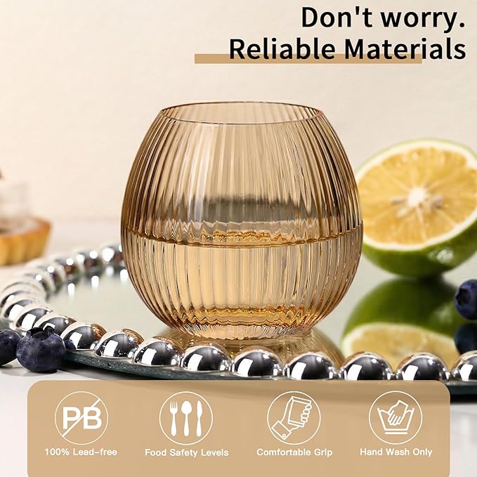 JOVGANK Brown Ribbed Drinking Glasses Set of 6-10.8 OZ Stemless Wine Champagne Whiskey Cocktail Glass, Reusable Wine Cups for Home Party Wedding Bar