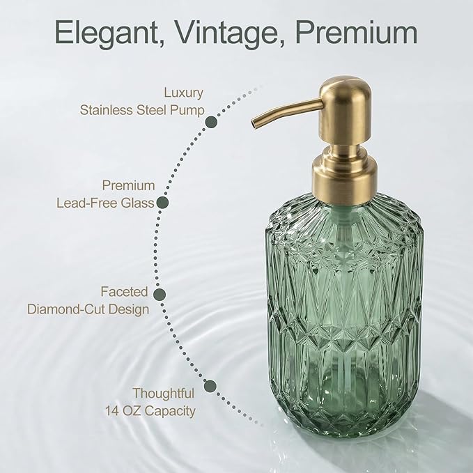 2-Pack Green Hand Soap Dispenser with Gold Stainless Steel Pump, Refillable Glass Soap Dispenser for Bathroom, Vintage Kitchen Soap Dispenser for Liquid Hand Soap, Lotion, Body Wash (14 OZ)