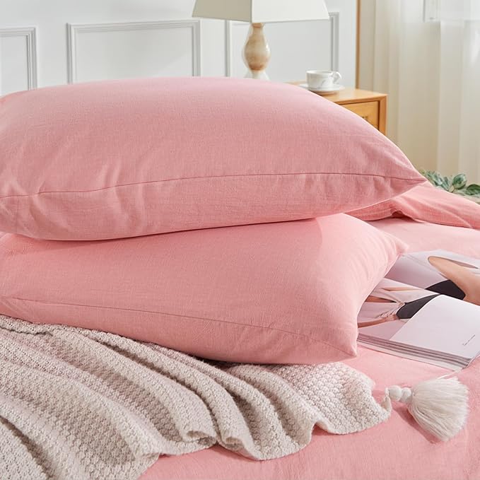 NEXHOME PRO Duvet Cover Twin 100% Washed Cotton, Organic Natural Linen Like Textured, Breathable, Durable, Home Bedding Set, Heathered Pink 6890