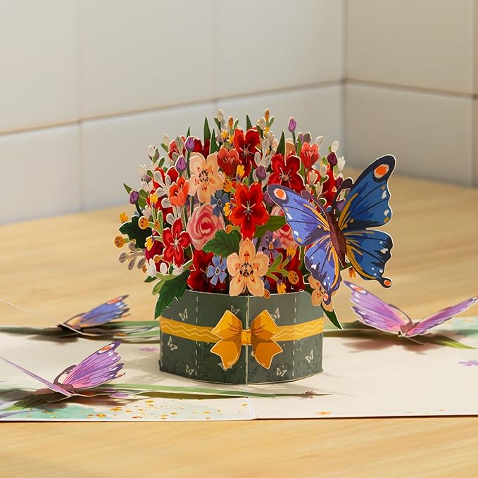 Frndly by Paper Love 3D Flower and Butterflies Pop Up Card, Gift for Birthday, Wedding, Anniversary, Thank You, Get Well, Valentine’s Day, Mother’s Day & All Occasions, 100% Recycled & Eco-Friendly, 8" x 6" Cover, Includes Envelope and Note Tag