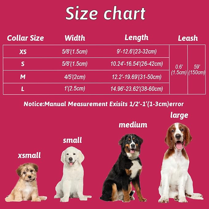 Dog Collar and Leash Set Girls Adjustable Puppy Collars with Floral Bow Tie for Small Medium Large Female Dogs, Red Rose, S