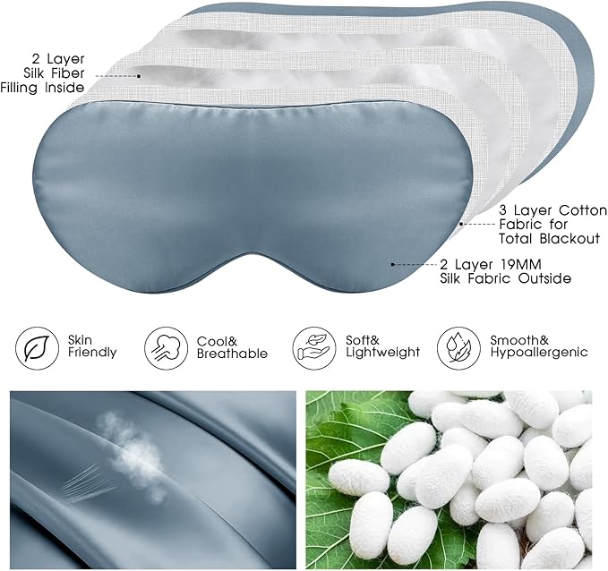 Mulberry Silk Blackout Adjustable Sleep Eye Mask for Men/Women Travel Plane,Ash Blue