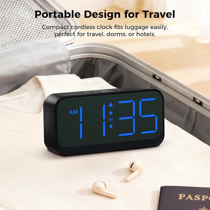 Acedeck Battery Operated Digital Clock: Cordless Small Alarm Clock for Bedroom Travel - Large Numbers 4 Dimmers for All Ages Blue Digits