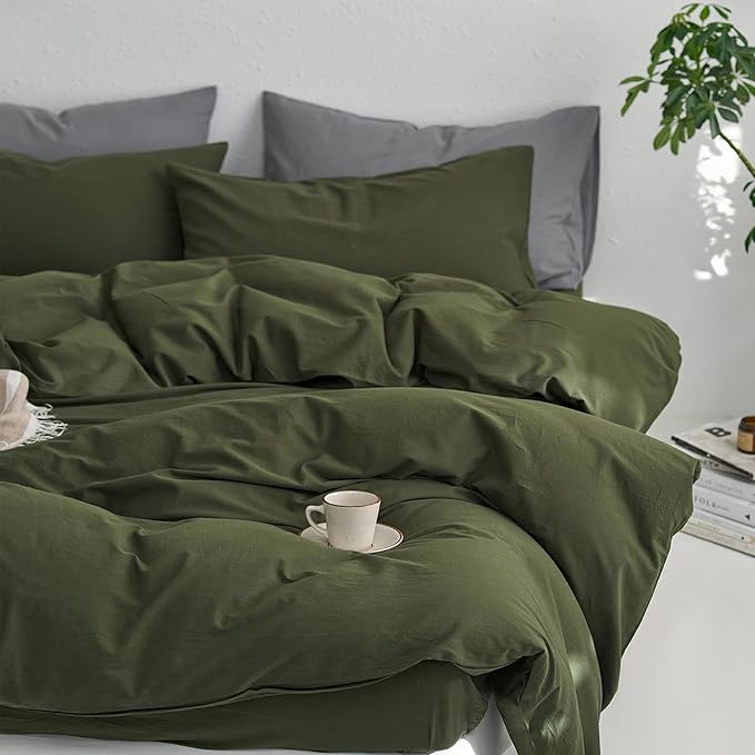 MooMee California King Duvet Cover Set, 100% Washed Cotton Linen Like Twill Thick Sturdy Material Super Soft Breathable Durable Bedding for All Season, 3 Pieces (Olive Green, Cal King 104"x98")