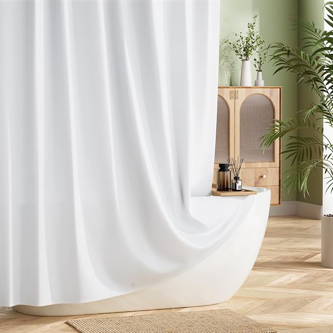 Fabric Shower Curtain Liner 70 x 74 Inch, Water-Repellent Polyester Long Bathroom Shower Curtains Spa and Hotel Quality, Machine Washable, White