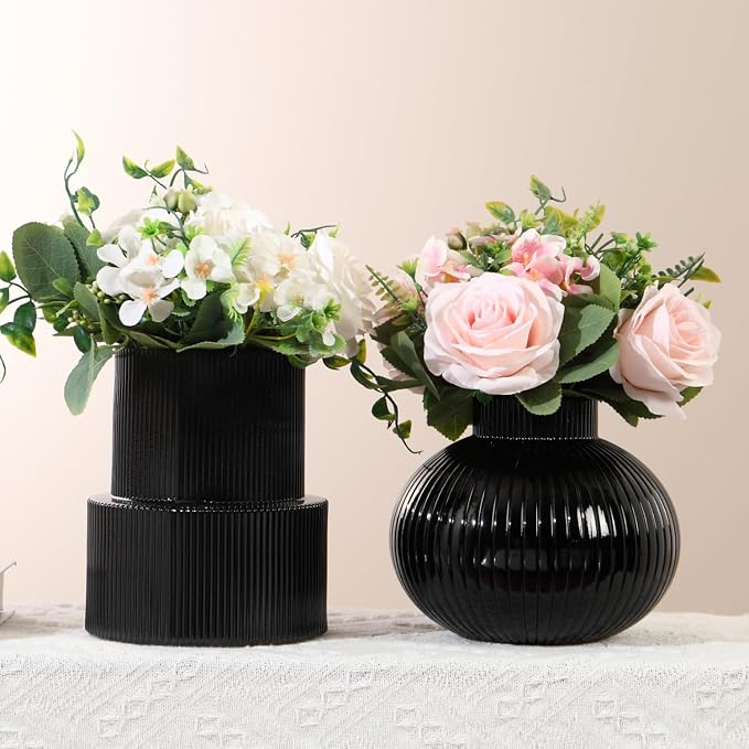 Ribbed Glass Vases, Set of 2 Flower Vases, Black Vase for Tulips, Modern Vase for Living Room, Kitchen, Office, Entryway, Mantle, Bookshelf, Wedding Gifts, Birthday