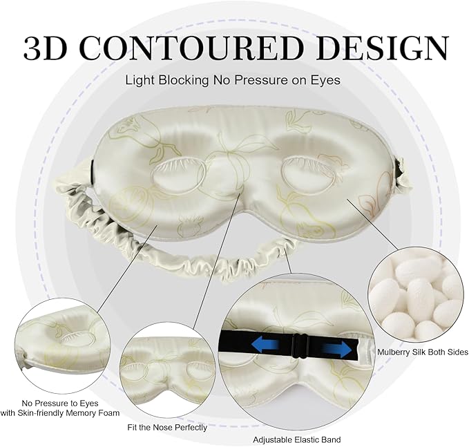 ZIMASILK 22 Momme 100% Mulberry Silk Sleep Mask, 3D Contoured Cup Eye mask Blindfold, Super Soft & Comfortable Sleep Eye Mask for Sleeping(Ivory - Fruit Line Art)