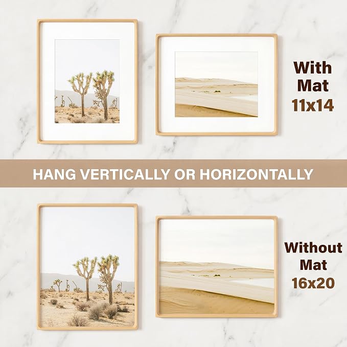 16 x 20 Picture Frame, USA-Sourced Beech Wood Photo Frames with HD Tempered Glass, Handcrafted Rounded Corner 16x20 Wooden Frames Matted to 11x14 Photos, Horizontal or Vertical Wall Display, 2 Pack