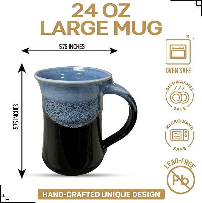 Clay in Motion Handmade Ceramic Mug 24 oz, Large Coffee Mug, Hand Painted Stoneware, Dishwasher Microwave & Oven Safe, Lead-Free, Made in USA Since 1981 (Lava Foam)