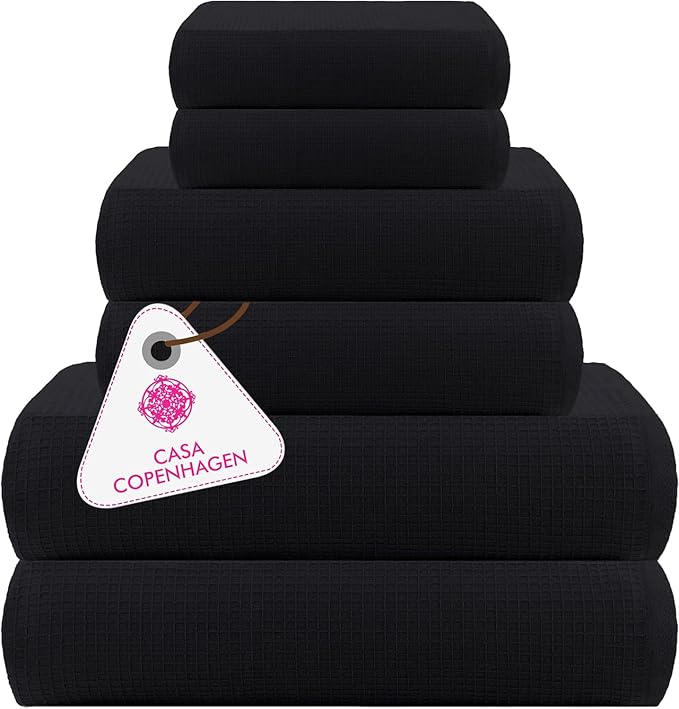 CASA COPENHAGEN Waffle 6Pcs 100% Egyptian Cotton Large Designer Towels Gift Set- Coal-Black, 2Bath 2Hand 2Washcloths, Bath Towels for Bathroom (Box Pack, Gift Set for Women & Men)