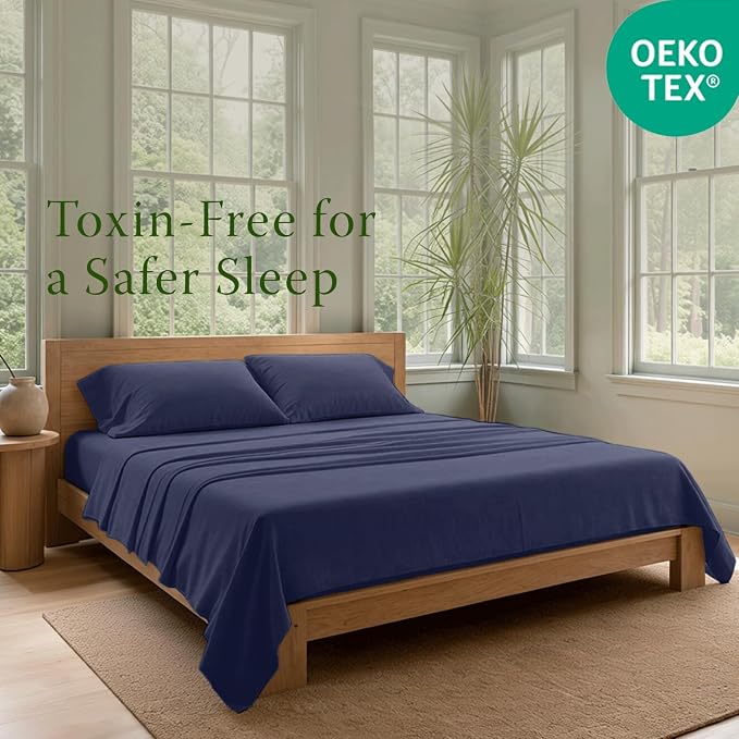 Threadmill 100% Organic Cotton Sheets - Queen, 4 Piece, Folkstone Blue - Certified by GOTS - Soft and Cooling Bedsheet Set with Reusable Bag, Snug Fit with 16" Deep Pocket - Ultra Light