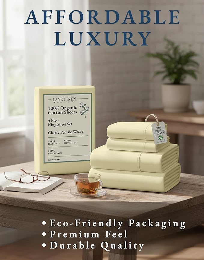 LANE LINEN 100% Organic Cotton King Size Bed Sheets, All Season Soft & Comfy Fully Elasticized Mercized Cotton King Sheets, 15" Deep Pocket Luxury Bed Sheets King Size- Vanilla