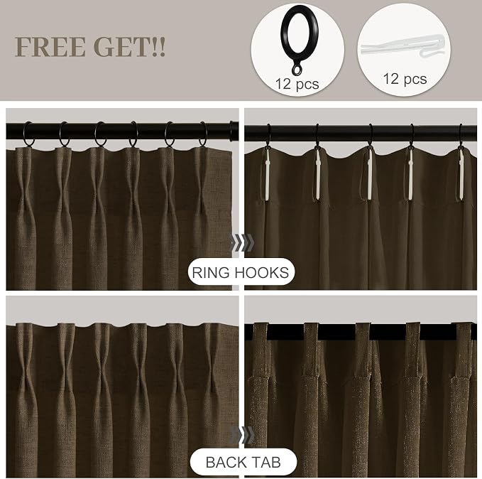 90 Inch Linen Pleated Curtains for Living Room, Light Filtering Pinch Pleated Curtain with Hook Memory Trained Linen Blend Window Drapes for Bedroom Dining Room, 40x90, Dark Chocolate, 2 Panel