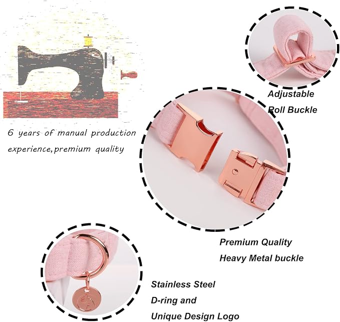 DOGWONG Cotton Dog Collar with Bow, Pink Pet Collar Durable Adjustable Puppy Collar for Small Medium Large Dogs