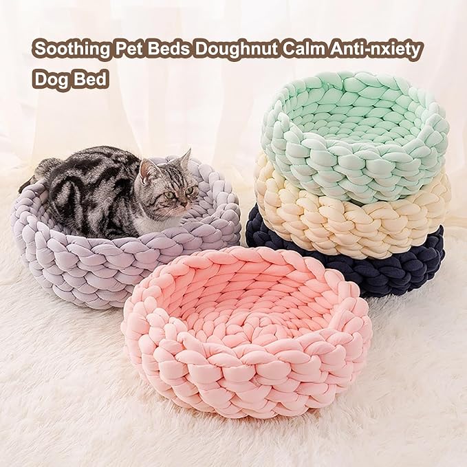 Woven Dog Bed Basket, Knitted Cotton Cat Bed Round Washable Woven Cat Pet Bed Chunky Dog Basket, Orthopedic, Chunky Knit Dog Nest,Dog Bed,Dog Cave,Dog Bedding(Pink,19")