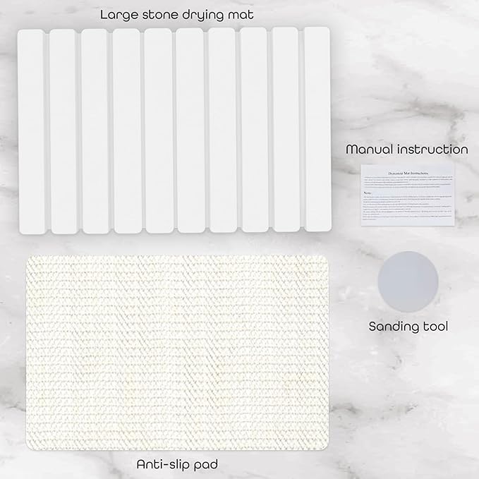 Stone Dish Drying Mat 24" x 16" – Dish Drying Stone Mat – Large Diatomaceous Earth Drying Mat with Non-Slip Base – Quick Dry Kitchen Drying Pad for Dishes, Glassware & Bottles (Solid White)