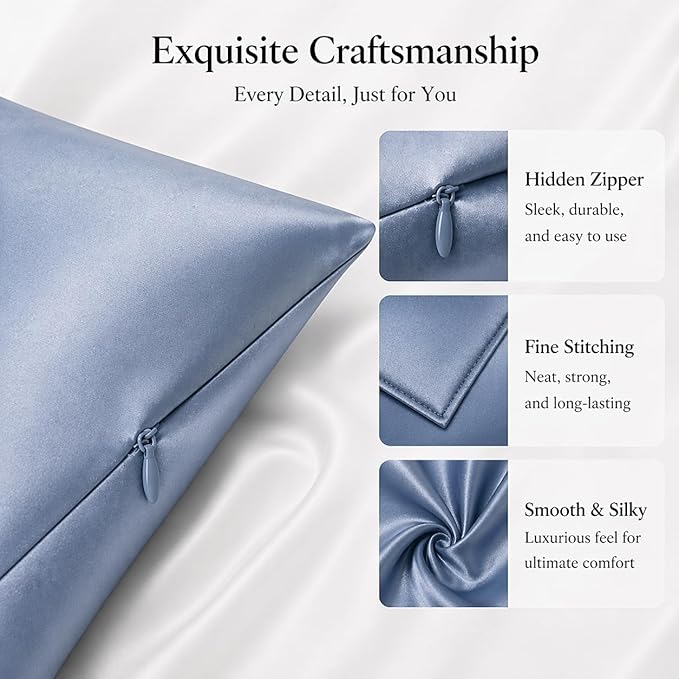 Premium Natural Mulberry Silk Pillowcase for Hair and Skin Made in USA, 22 Momme 6A Silk Pillow Cases Standard Size with Zipper, Ideal for Women's Beauty Sleep, 1 Pc 20"x26" (Standard, Blue Grey)
