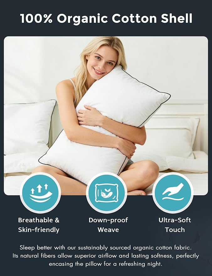 Goose Down Pillows Queen Size Set of 2 with 100% Organic Cotton Cover, Luxury Hotel Bed Pillows for Sleeping, 3-Chamber Design Medium Support for Side & Back Sleepers, 20x30 Inch