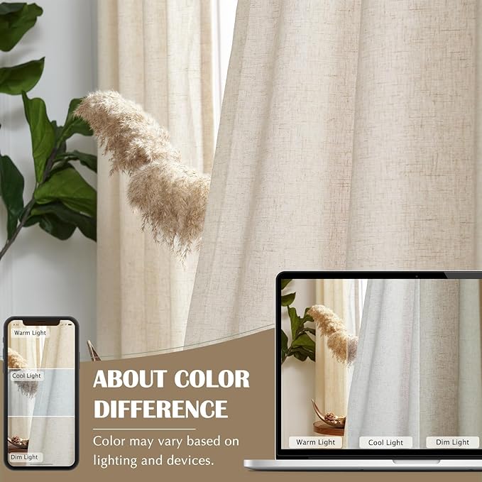 jinchan Beige Linen Curtains with White Privacy Lining Natural Lined Curtains 96 inch Light Filtering Drapes for Living Room Bedroom Neutral Farmhouse Cottage Core Home Office Decor Back Tab 2 Panels