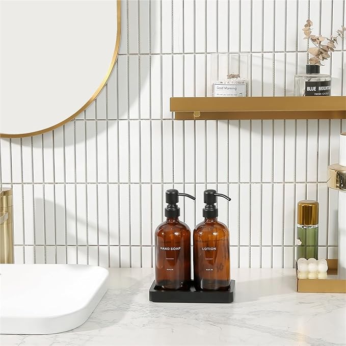 Liquid Dispenser Soap Dispenser Set Glass with Stainless Steel Pump Countertop Soap Bottle(Black Pump+Amber Bottle)