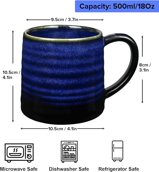 18 Oz Large Ceramic Coffee Mug, 500ml Big Handmade Pottery Tea Cup for Office and Home, Big Handle Easy to Hold, Microwave and Dishwasher Safe, Stylish Texture Glaze (Starry Blue)
