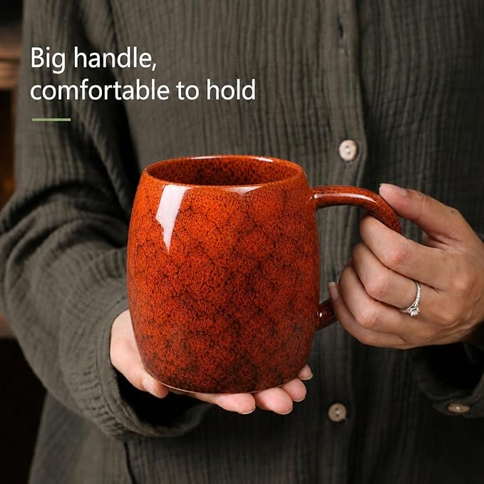 21oz Large Handmade ceramic Mug, Big Ceramic Tea Cup, Durable and Heavy Microwave and Dishwasher Safe Pottery Coffee Mug with Handle, Reactive Glaze Stoneware Clay coffee mug (Reddish Orange)