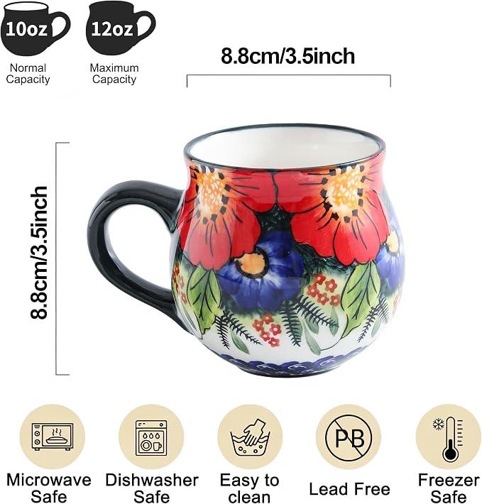 ALMA 12oz Handmade Floral Ceramic Coffee Cup | Microwave & Dishwasher Safe, For Home Office Cabinet Travel, Workspace Remote Workers & Girls
