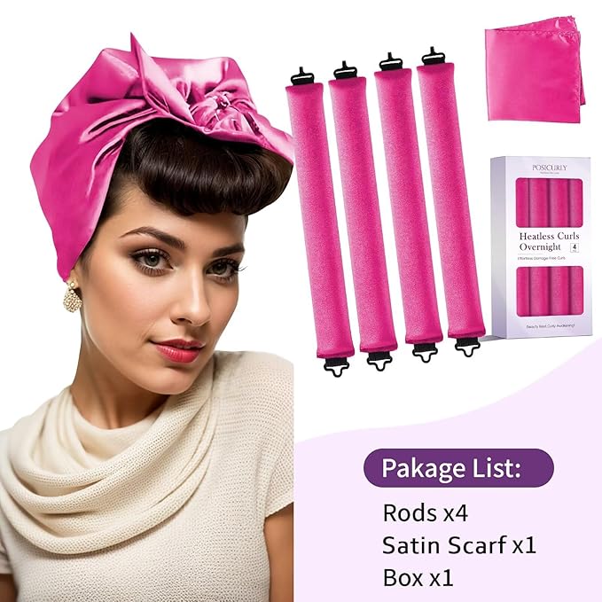 Heatless Curls Overnight Hair Curlers - 4 Pcs No-Heat Curling Rod to Sleep In,Velvet Hair Rollers with Satin Wrap