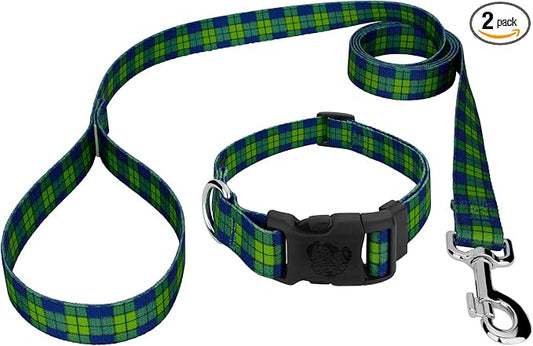 Country Brook Petz - Blue and Green Plaid Everyday Dog Collar and Leash - Plaid and Argyle Collection Featuring Charming Designs (5/8 Inch, Small)