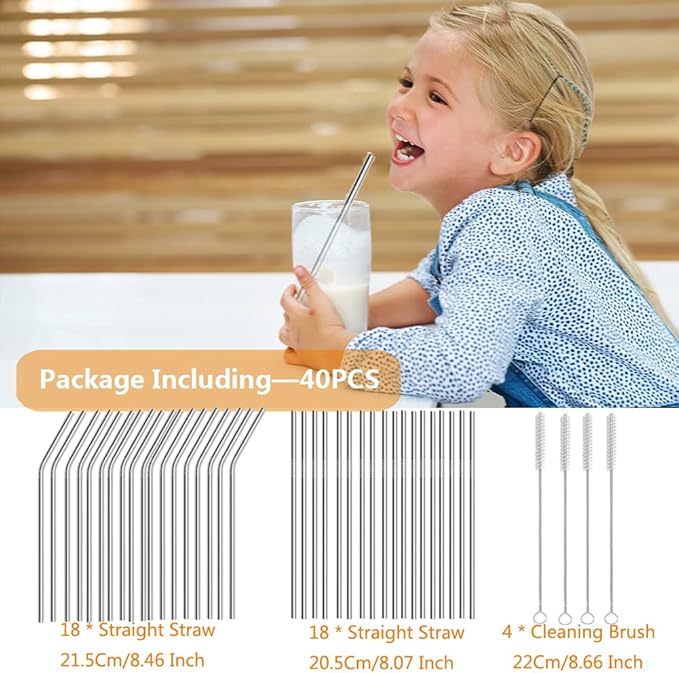 AOTWAN 40-Pack Reusable Stainless Steel Metal Straws, 18 Straight + 18 Bent 8.5'' Metal Straws for 20 oz Tumblers Dishwasher Safe with 4 Cleaning Brushes