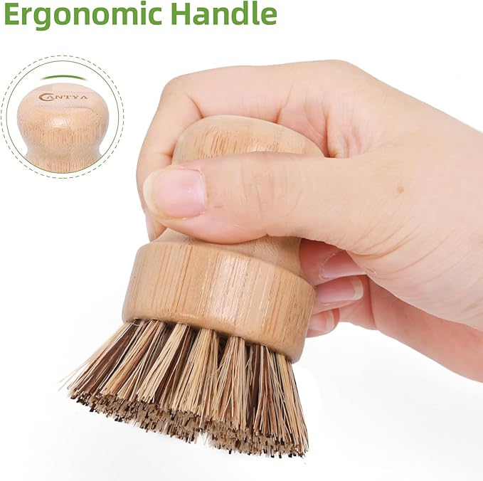 6 Packs Bamboo Dish Scrubber - Hard Bristle, Plastic Free Dish Brush Union Fiber and Tampico Fiber Bamboo Wok Brush for Washing Cast Iron Pan/Pot