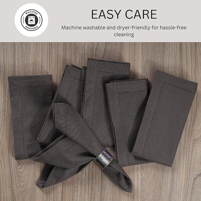 Hemstitch Cloth Dinner Napkins 100% Cotton Set of 6 - for Dining Special Occasions Weddings Parties Holidays Easter - Soft Durable Washable - 18x18 Inch Table Cloth Napkins Charcoal Grey