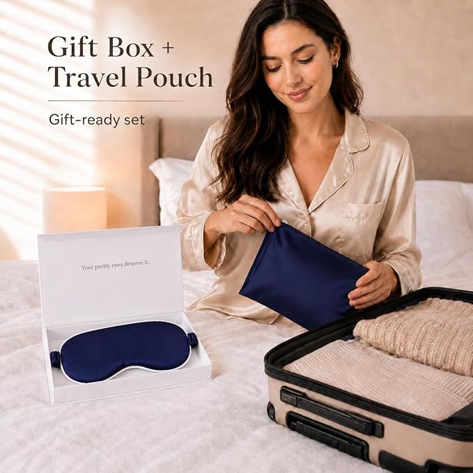 Silk Sleep Mask Light Blocking Luxury 100% Mulberry 19mm Silk Eye Mask Eye Cover Blindfold Ultra Soft Light & Comfy Anti Aging Skin Care with Travel Bag Gift Package
