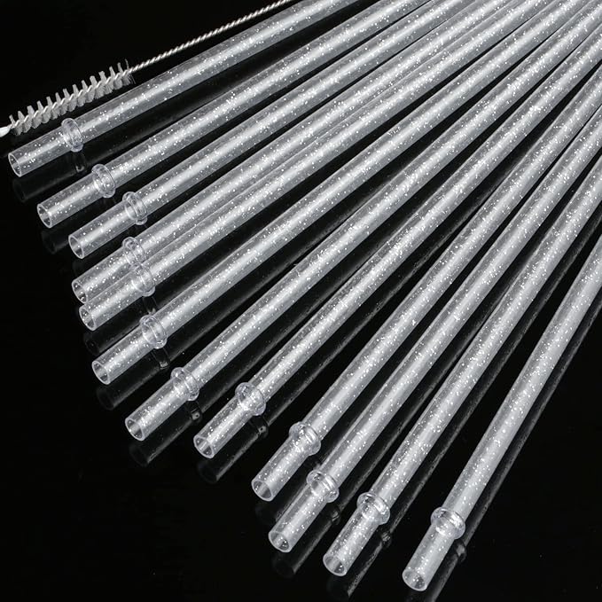 Dakoufish BPA-Free 12 Piece 11 Inch Reusable Clear Plastic Glitter Sparkle Drinking Straw Plus one Cleaning Brush (Clear,11inch)
