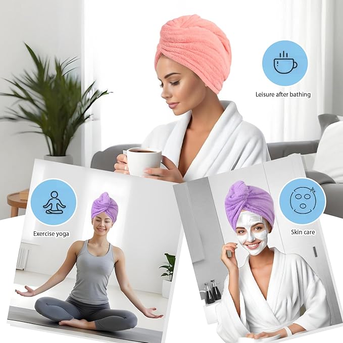 Microfiber Hair Drying Towel Wrap for Women, Hair Turbans Towel for Wet Hair,turbie Twist Hair Towels(The Color of the Picture is for Reference only) (Pink，Purple)