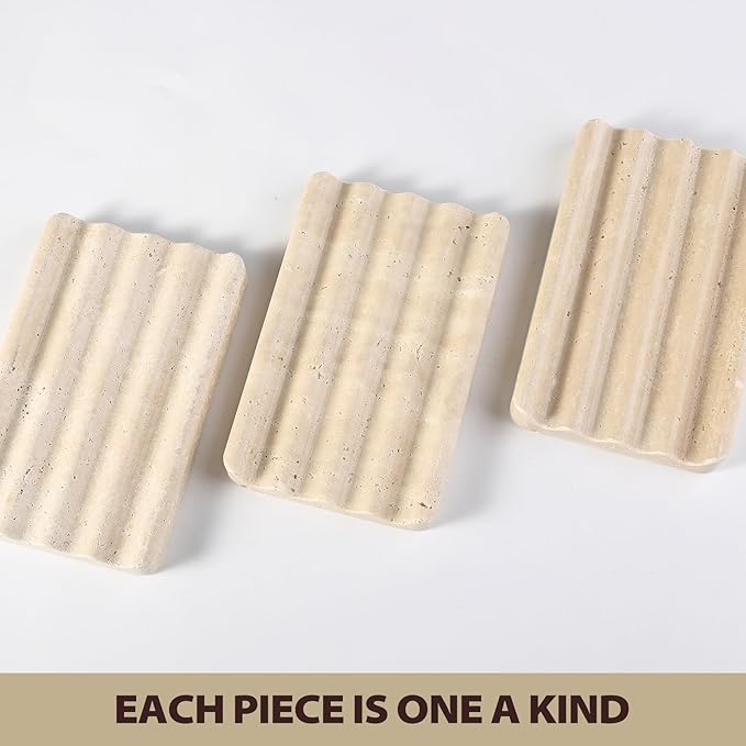 Koville 2PCS Travertine Soap Dishes for Shower, Marble Soap Dish Bar Soap Holder for Sink, Stone Soap Tray for Bathroom, Stripe Grooves Saver Keep Bars Dry Easy Clean