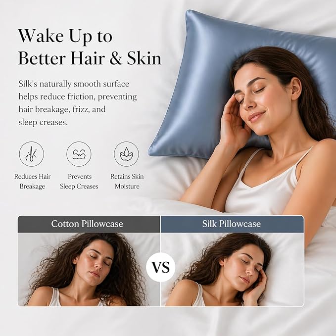 Anti Acne Pillow Cases Hypoallergenic, USA Made, King Size Silk Pillowcase for Hair and Skin, Premium 22 Momme Pure Mulberry Silk Pillow Cover, 1 Pc 20"x36" (King, Blue Grey)