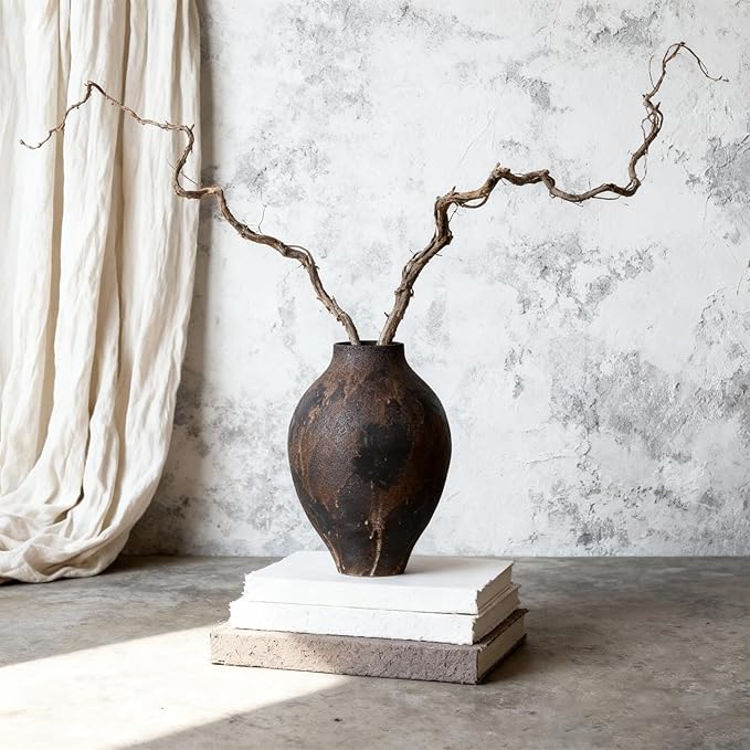 Wabi Sabi Vase 11.8in, Brown Ceramic Vase with Waterproof Coating, Rustic Ceramic Vase Large for Table Centerpiece, Entryway Shelf Decor, Rustic Farmhouse Pottery Vase