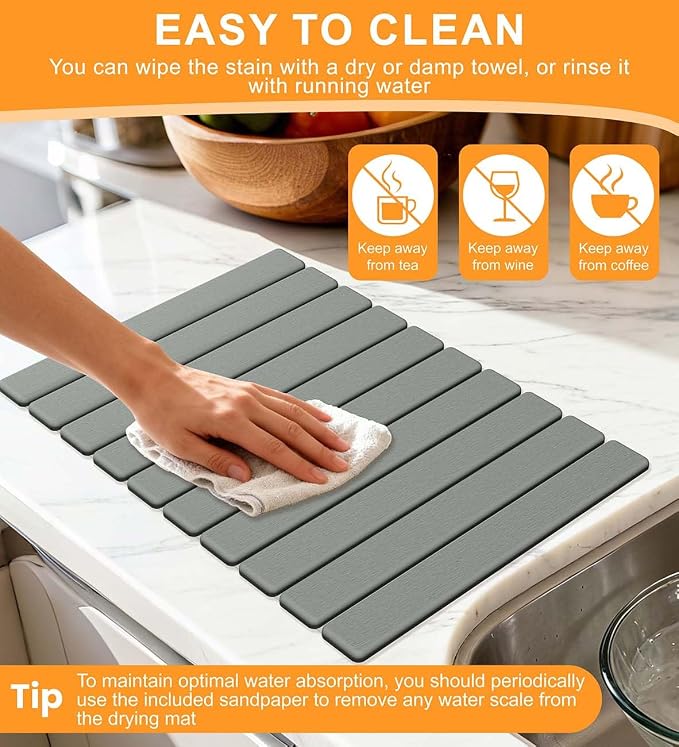 Stone Dish Drying Mat for Kitchen Counter, 24"(L)×16"(W) Collapsible Fast Drying Diatomaceous Earth Mats with Towel Sanding Tool,Versatile Stone Drying Mats for Cups Dishes Bottles Bathroom -Gray