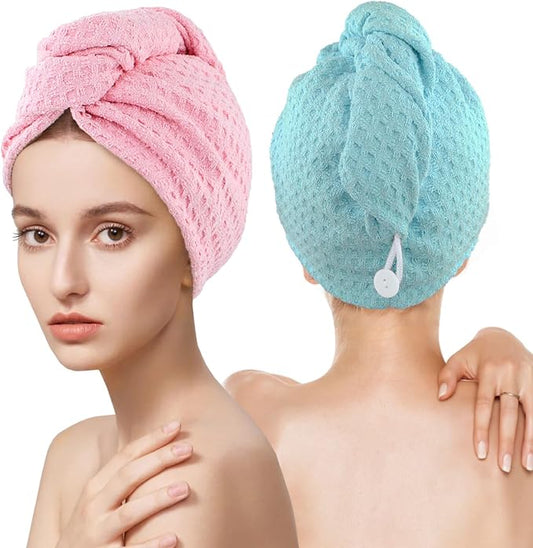 MaopaoBeauty Microfiber Hair Towel Wrap - 2Pack Hair Head Drying Curly Fast Absorbent Dry Anti Frizz Twist Plopping Long Shower for Women (2Packs,Green and Pink,10.6x27.5inch)