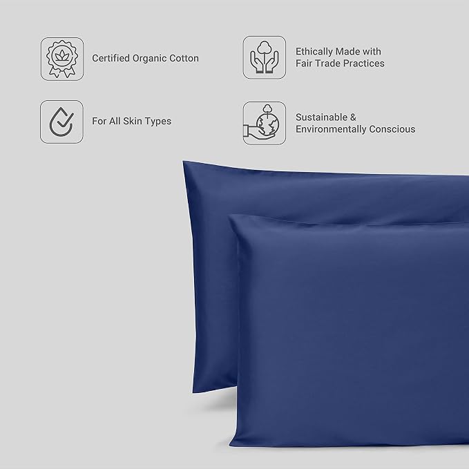 Fabdreams 100% Organic Cotton Standard Queen Pillowcases | 400 Thread Count | Luxury Hotel Collection |GOTS Certified Long Staple Cotton|Smoother Than Egyptian Cotton|Set of 2-20" x 30"|Dark Blue