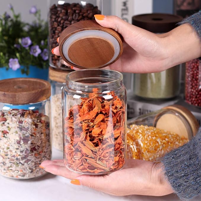 SAIOOL Stackable Kitchen Canisters Set of 8,High Borosilicate Glass Cylinder Airtight Food Storage, sort out the tea, flour, candies, grain easily and clearly | Cylinder Shape, Airtight Food Storage, For Tea, Flour, Candies, Grain, Clear Visibility