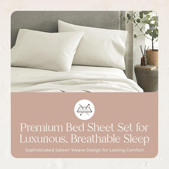 Whisper Organics, 100% Organic Cotton Sheets - 300 Thread Count Bed Sheets Set - Premium Quality Sheets - Deep Pocket Sheet Set - GOTS Certified, Natural (Queen Size)
