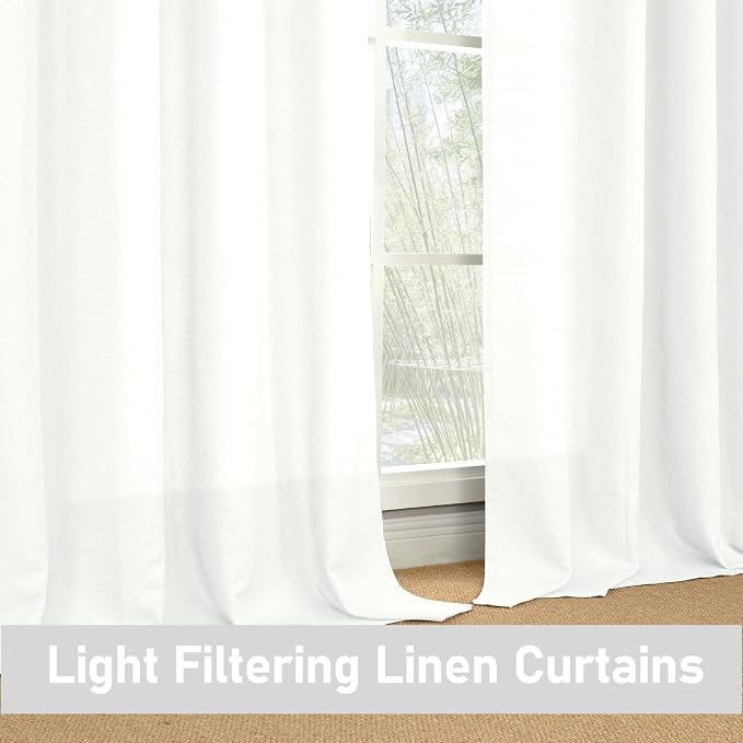 LAMIT Natural White Linen Curtains 95 inch for Bedroom, Grommet Thermal Insulated Thick Curtains Light Filtering Panels for Living Room/Outdoor/French Door, Set of 2 Panels, W52 x L95